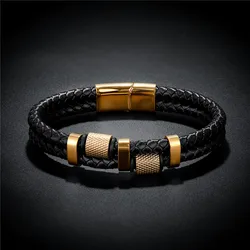 Classic Irregular Pattern Shape Men Fashion Stainless Steel Leather Bracelet 3 Colors Bracelets For Men Jewelry Gifts Wholesale