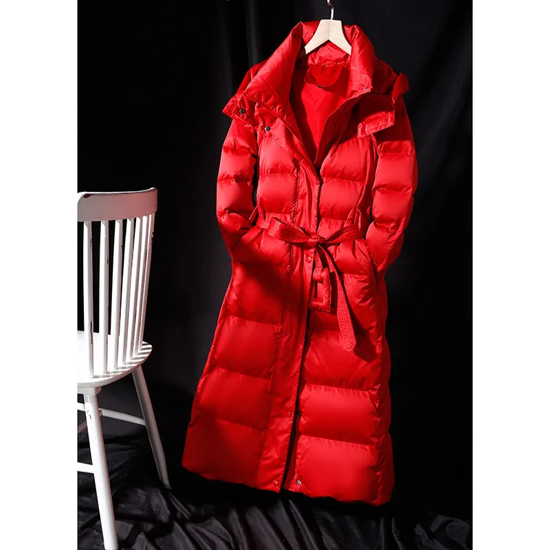 Women's Long Lace-up Hooded Down Jacket Zipper Puffer Black red dark blue plus size 4XL10XL  Coat