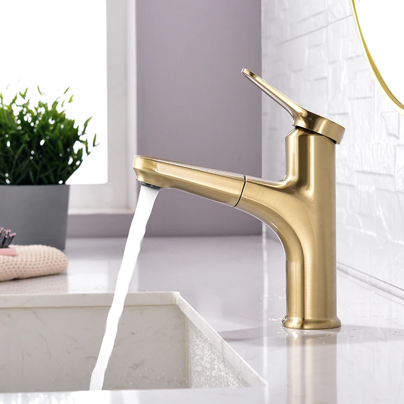 

Pull-out Brushed Gold Basin Sink Bathroom Faucet Deck Mounted Hot Cold Water Basin Mixer Taps Matte Gray Countertop Faucet