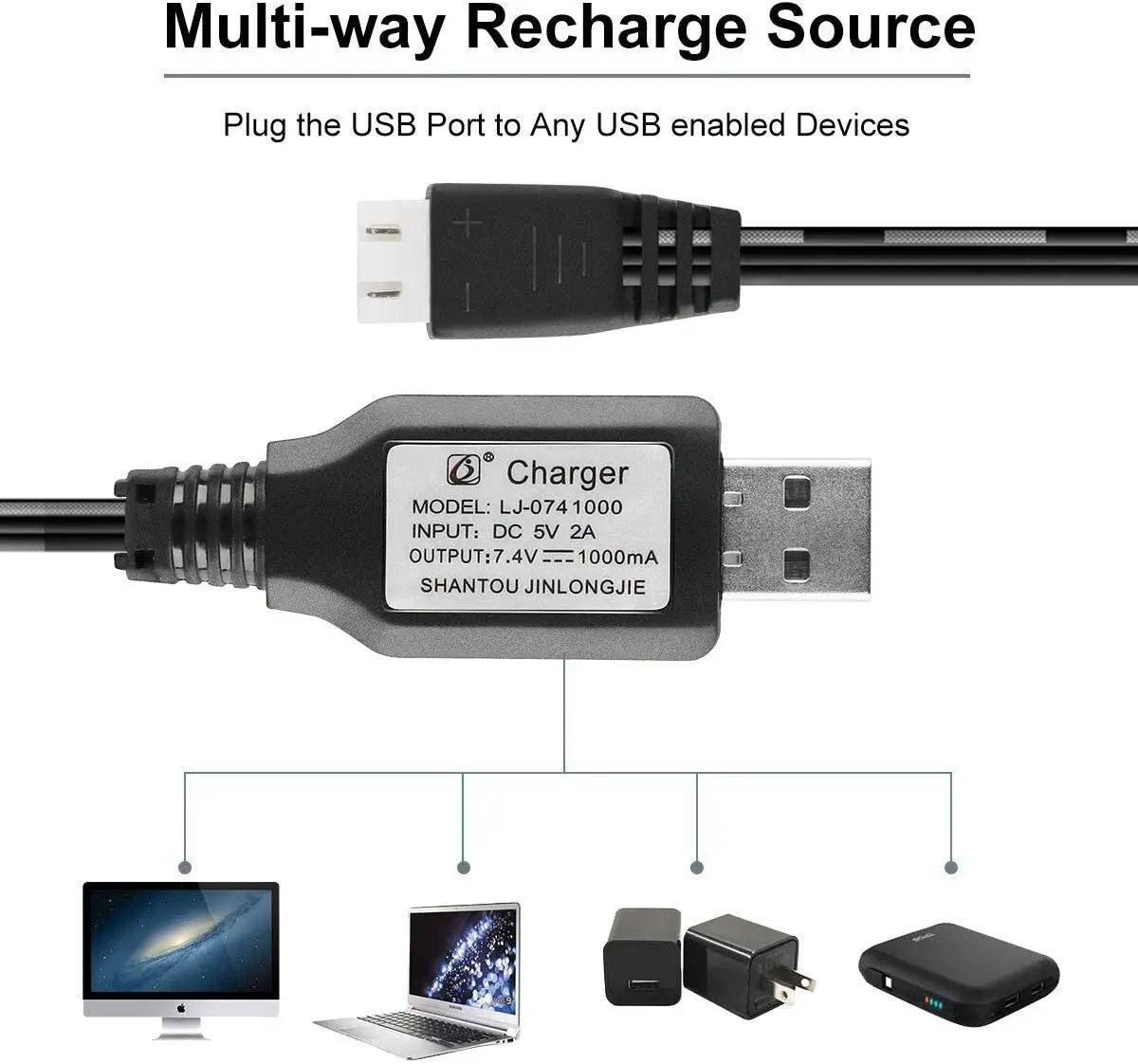 Cavo di ricarica USB per batteria Lipo XH-3P Balance da 1 confezione da 7,4 V 1 A per parti di droni RC Quadcopter FPV