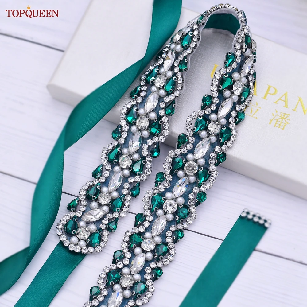 TOPQUEEN S466 Bridal Dress Belts Emerald Green Rhinstone Sash Women Wedding Accessories Bridesmaid Gown Decoration Ribbon