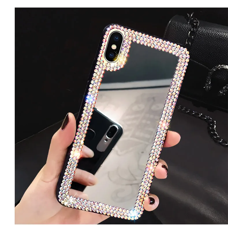 Women Rhinestone Diamond Mirror Case For iPhone 14 13 12 11 Pro Max XR XS Case Luxury For iPhone 17 16 15 Pro Max Makeup Cover