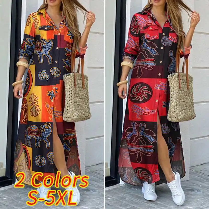 Vintage Vrouwen Zonnejurk Lange Mouwen Revers Kraag Shirt Jurk Gedrukt Maxi Lange Jurken 2021 Herfst Casual Robe Femme Vestidos