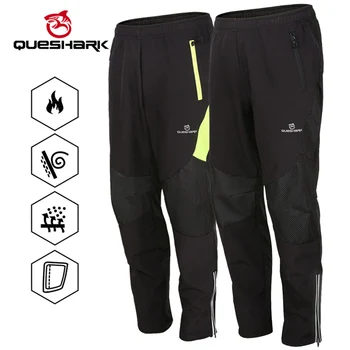 QUESHARK men&#x27;s warm fleece windproof water reflective cycling pants thermal riding sports MTB road bike bicycle trousers