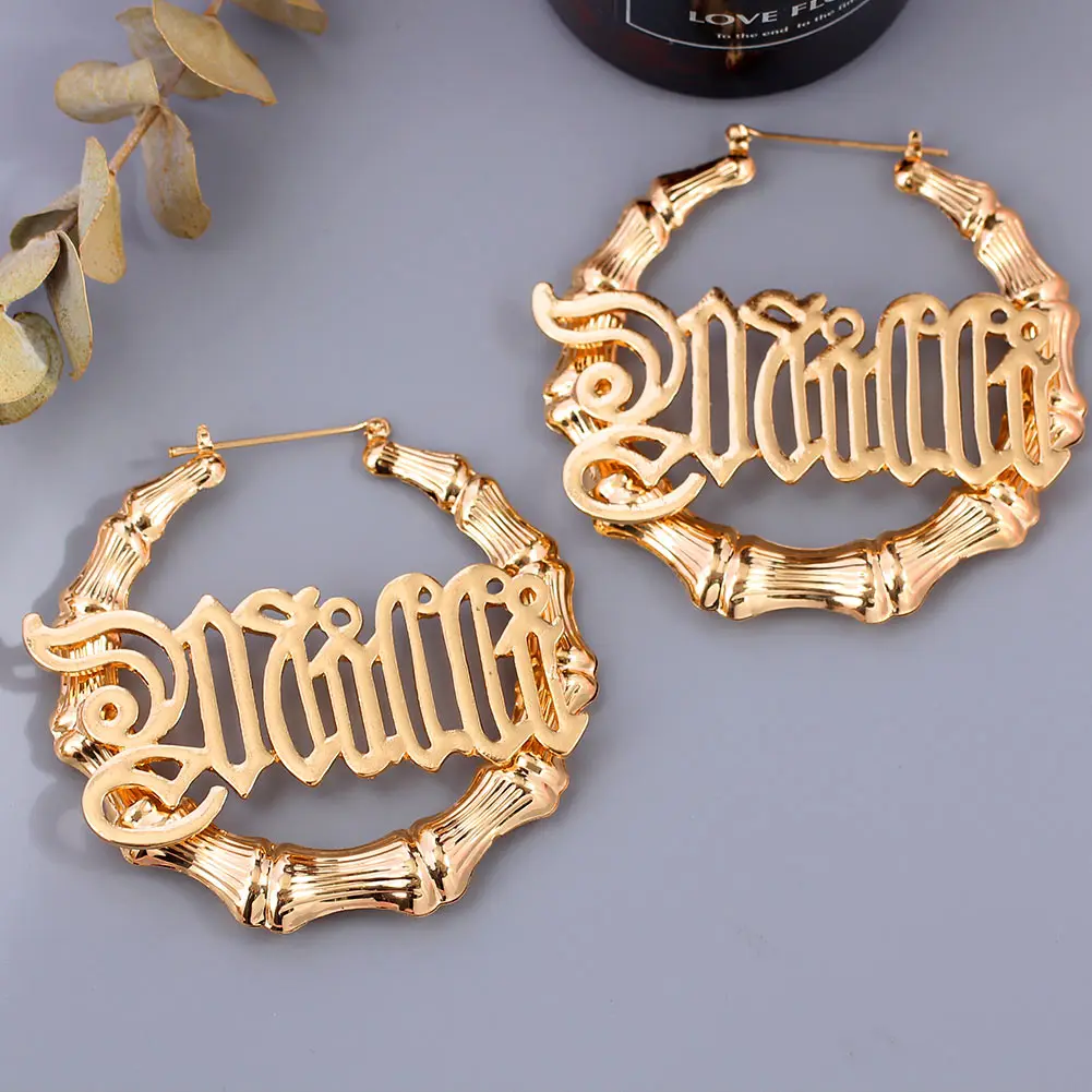 Punk Hip Hop Big Bamboo Circle Hoop Earrings For Women Gold Sliver Color Large Babygirl Queen Letter Earrings Fashion Jewelry