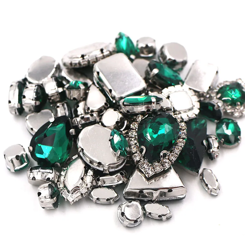 50pcs/Bag Peacock Green Mixed Shape Sew on Glass Rhinestone Silver Claw Crystal Buckle Diy Wedding Decoration Clothes/Shoe/Dress