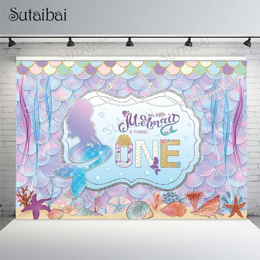 Little Mermaid One Birthday Party Decorations Backdrop Under The Sea Shell Starfish Princess Girl Baby Photo studio Background