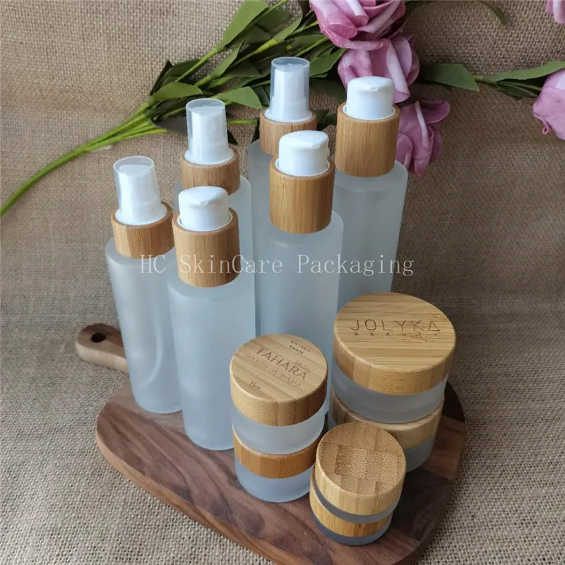 

Low MOQ Cosmetic Bamboo Packaging 5g 15g 30g 50g 100g Frosted Glass Jars 30ml 50ml 100ml 120ml 150ml Frosted Glass Bottles