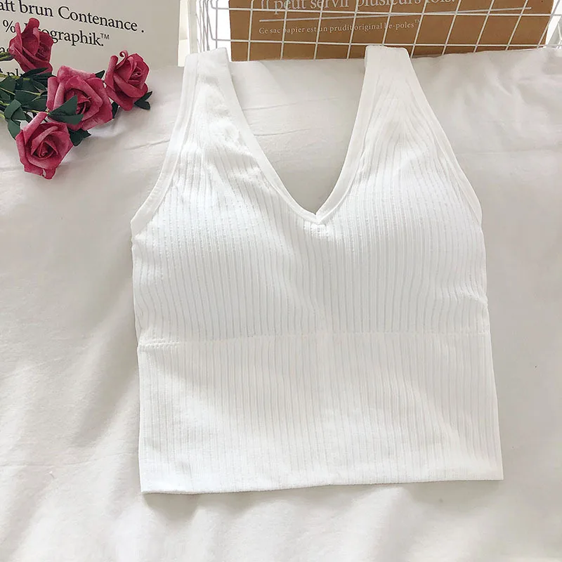 V Neck Women\'s Tank Crop Tops Female Knitted Tops Sexy Lingerie Seamless Underwear Streetwear Cropped Tee Padded Camisole