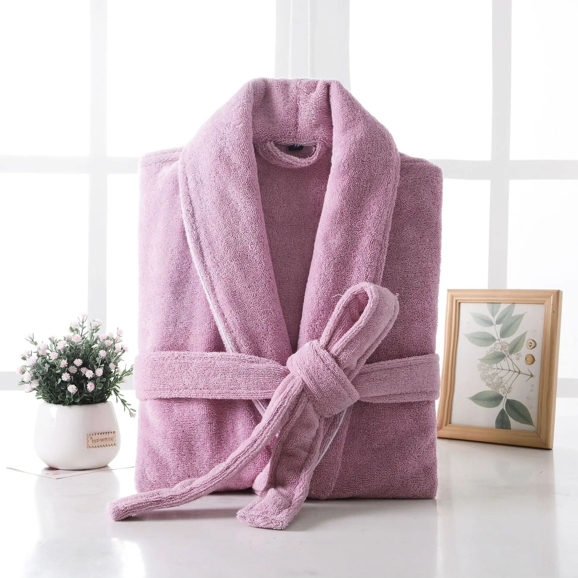 

Solid 100% Cotton Robe Hotel Robes Toweling Terry Robe Lovers Men And Women Robe Bathrobe Soft Sleeprobe Female Casual Homewear