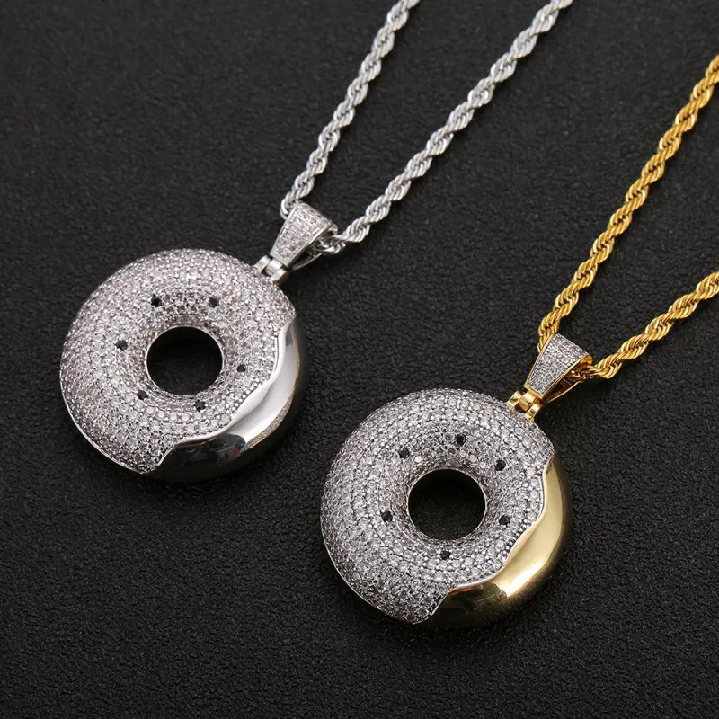 DNSCHIC Hip Hop Donut Pendant Source Copper Micro Inlaid Zircon Personalized Pendant Necklace Men's Hip Hop Necklace Jewelry Rap