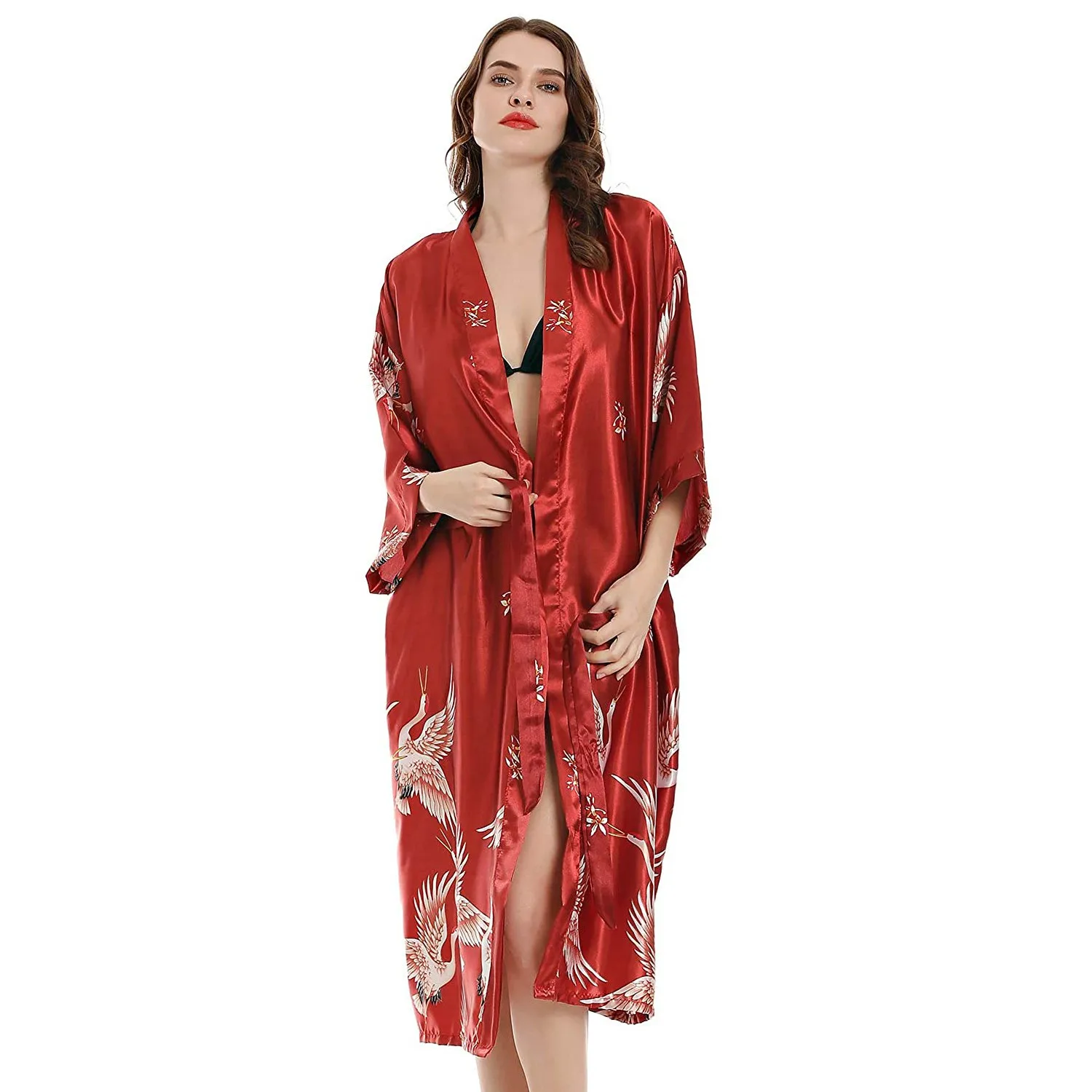 PLUS SIZE Long Kimono Bathrobe Satin Women Sleepwear Nightgown Print Crane Bride Bridesmaid Wedding Robe Dress Loose Homewear