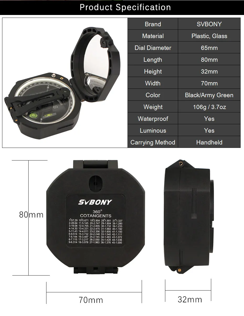 SVBONY Compass professionale militare sopravvivenza all\'aperto attrezzatura da campeggio bussola tascabile geologica leggera F9134 per prepper