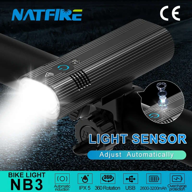 NATFIRE NB3 Bicycle Light with Light Sensor 3200mAh 7 Hours USB Rechargeable LED Headlight Bike Front and Rear Lamp Flashlight