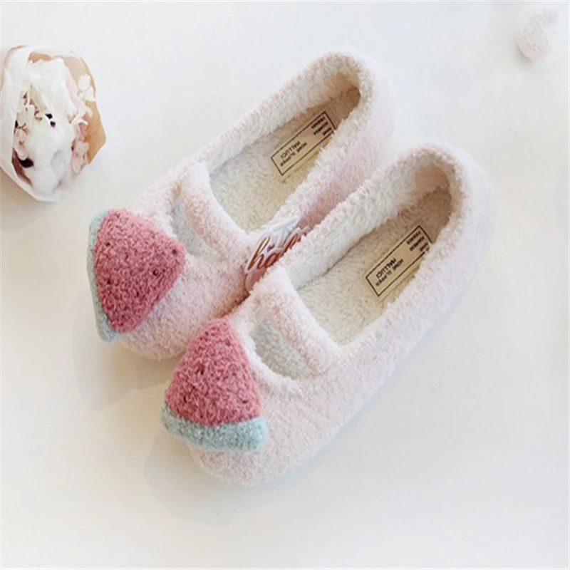 Women Cute Fruits Indoor Slides Slippers Soft Strawberry Watermelon Pineapple Plush Stuffed Shoes Home House Winter Slippers