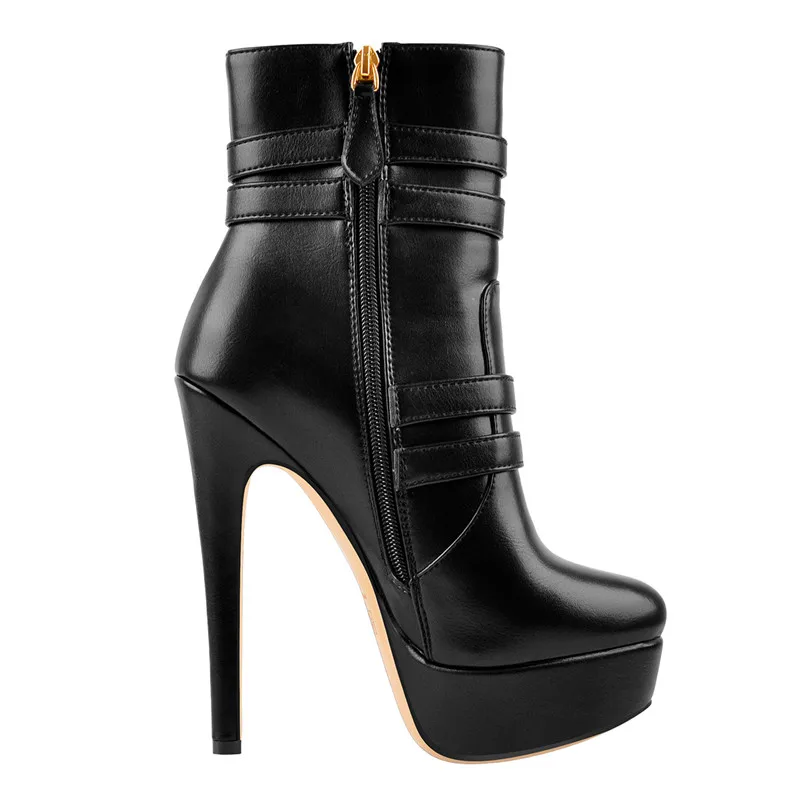 Onlymaker Women Platform Black Matte Ankle Booties Side Zip Metal Plates Buckle Big Size Stilettos Short Boots