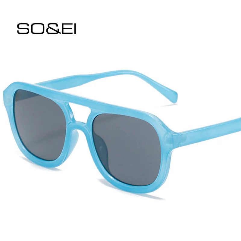 

SO&EI Retro Double Bridges Square Women Sunglasses Fashion Jelly Color Eyewear Trending Men Blue Tea Sun Glasses Shades UV400