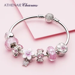 ATHENAIE 925 Sterling Silver Magnolia Bloom Charms Bracelet & Bangle with Flower Charms for Women Wedding Girl Jewelry Gifts