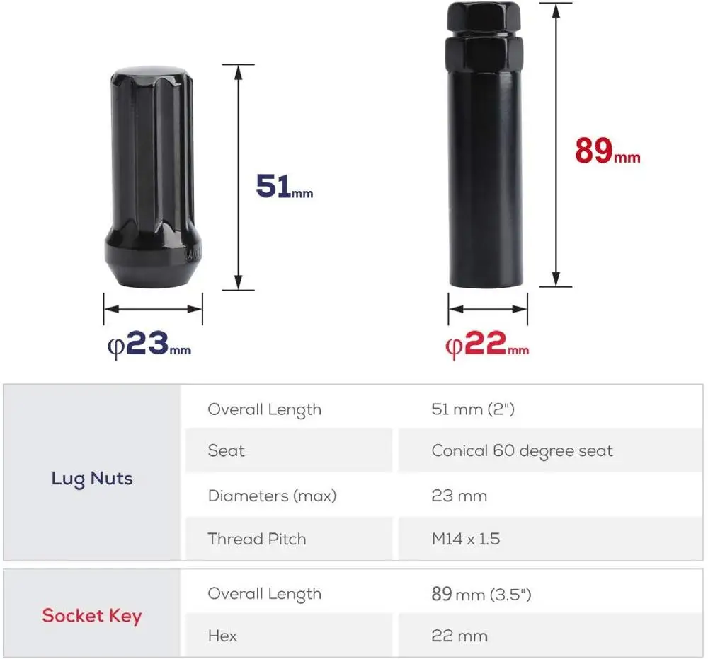 KSP 14mmx1.5 Wheel Lug Nuts, 32xBlack M14x1.5 Spline Lug Nut,Conical/Cone Seat with 1 Socket Fits 8 Lug Aftermarket Wheels