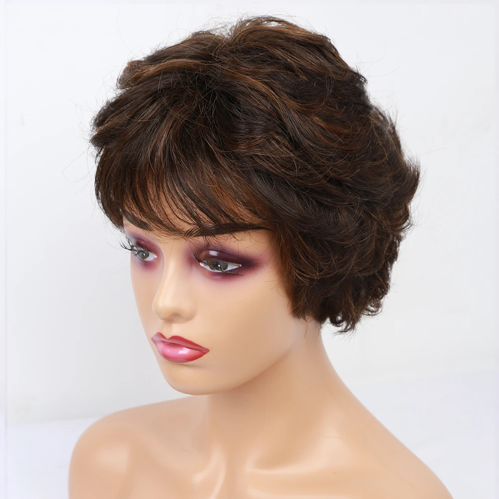 Short Curly Wig for Women Synthetic Bob Wave Wig with Bangs Mixed Blonde Brown Cosplay Hair