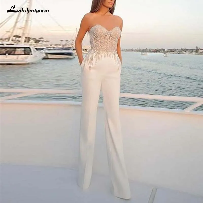 

Modest 2023 Jumpsuit Beach Wedding Dresses Sweetheart Pants Satin Lace Appliques Country Bridal Gowns