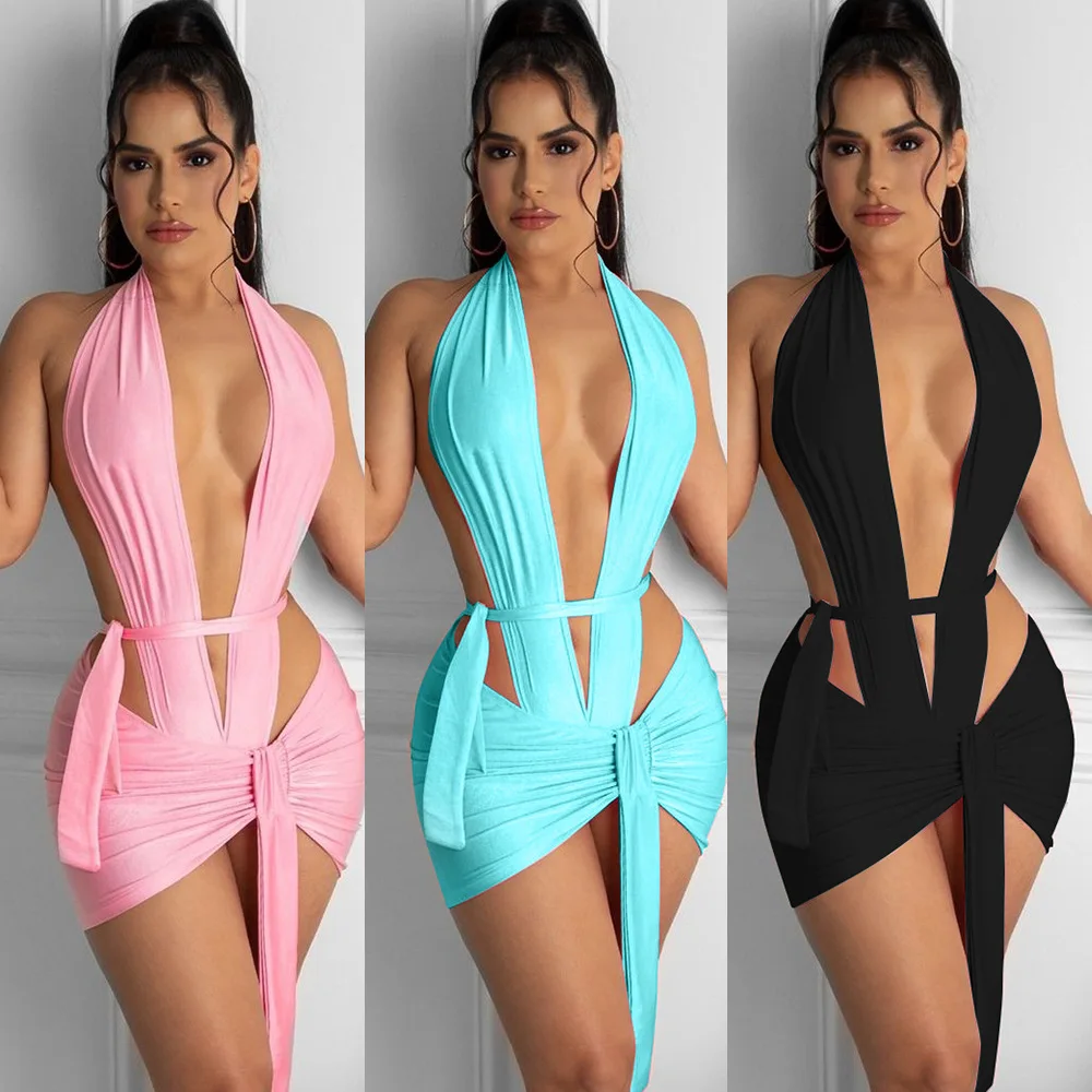 

Sexy Solid Deep V Two Piece Sets Midnight Club Halter Top Bodysuit Skirt Backless Summer Partywear Hollow Out Ruched Women Set