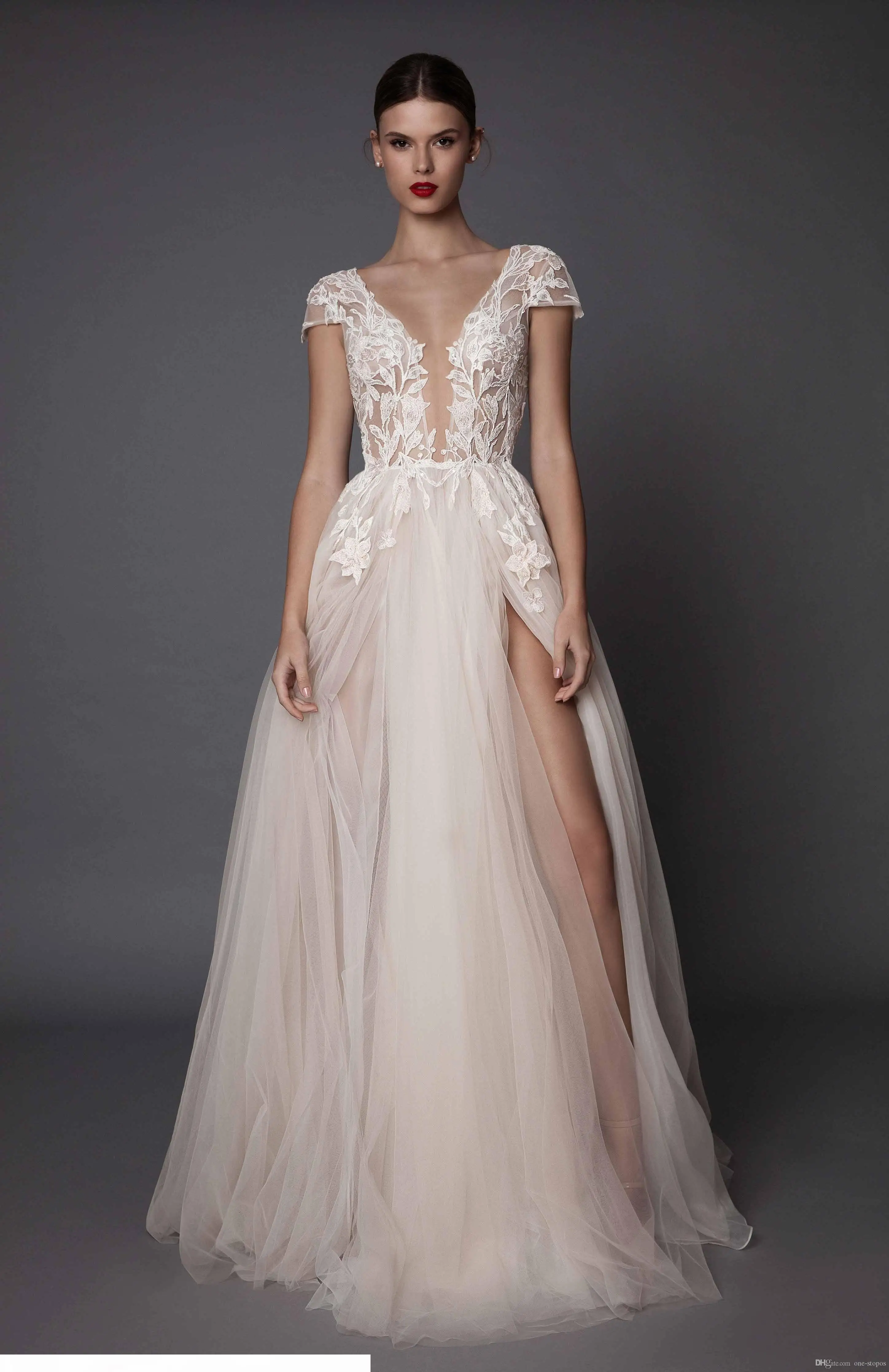 Robe de soirée longue en Tulle, tenue de soirée de standing, Sexy, avec des Appliques en dentelle, décolleté en v profond, dos nu, manches courtes, fente latérale, robe de bal de célébrité