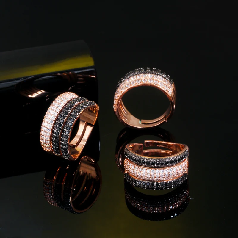 CWWZircons Adjustable Size 3 Layers Black White CZ Stone 585 Rose Gold Color Open Rings Female Wedding Engagement Jewelry R165 - Image 3