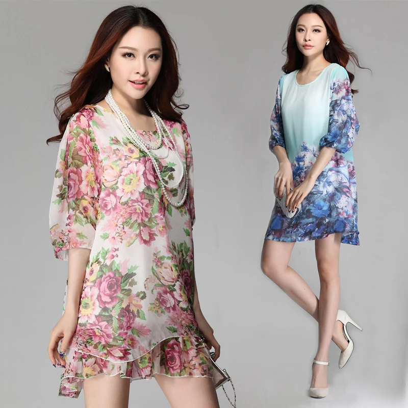 

Print 4XL Plus Size Floral Dress 2020 Summer Dresses Half Sleeve O-Neck Flounced Women Clothing 12 Color Style Vestidos WD0144