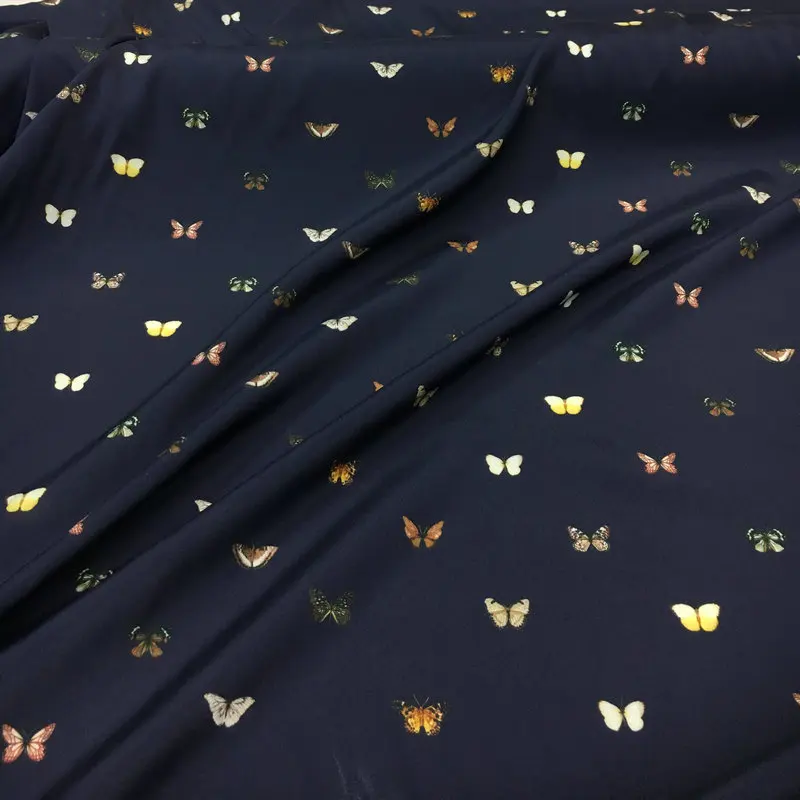 Colorful little butterfly printing navy blue elastic crepe de chine digital printing natural mulberry silk high fashion fabric