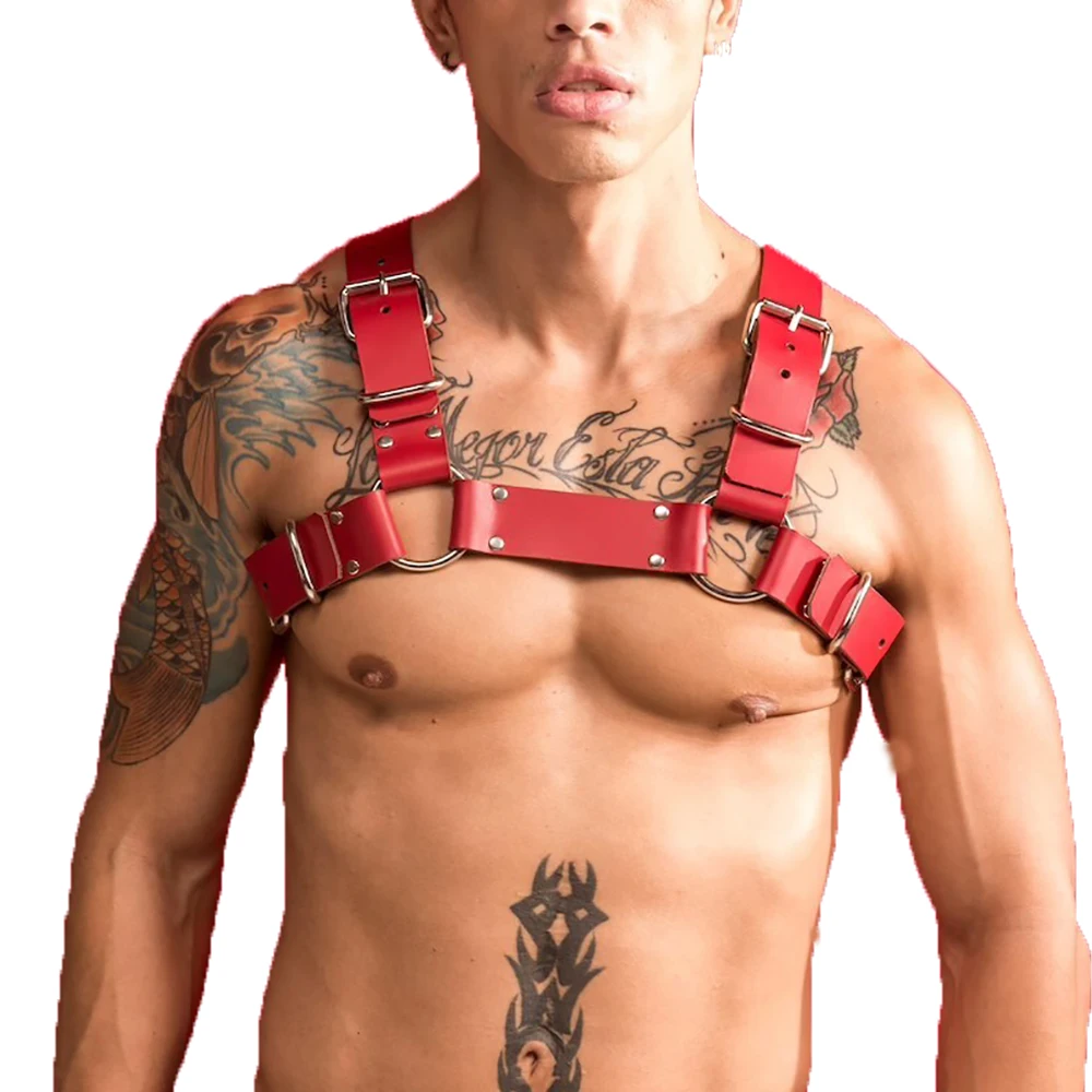 Sexy Gay BDSM Bondage Red Harness Men Erotic PU Leather Tops Adjustable Body Harness Belts Straps Fetish Rave Costumes