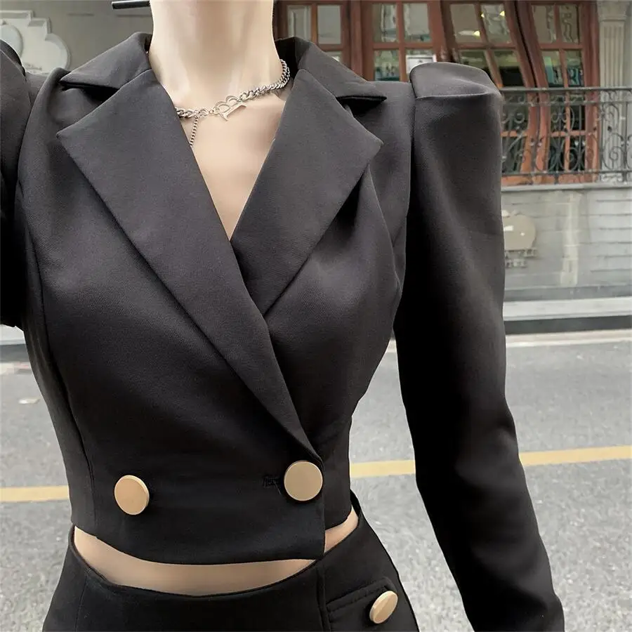 New Arrival Fashion Autumn Women OL Temperament black Crop Top + Sexy Split Midi Skirt Slim Skirt Suits 2021