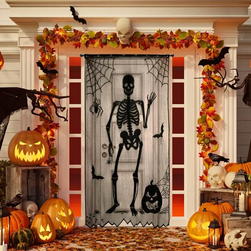 

Halloween Creeping Ghost Lace Curtains Halloween Door Window Decoration For Home Scary Skull Black Curtains Horror House Party