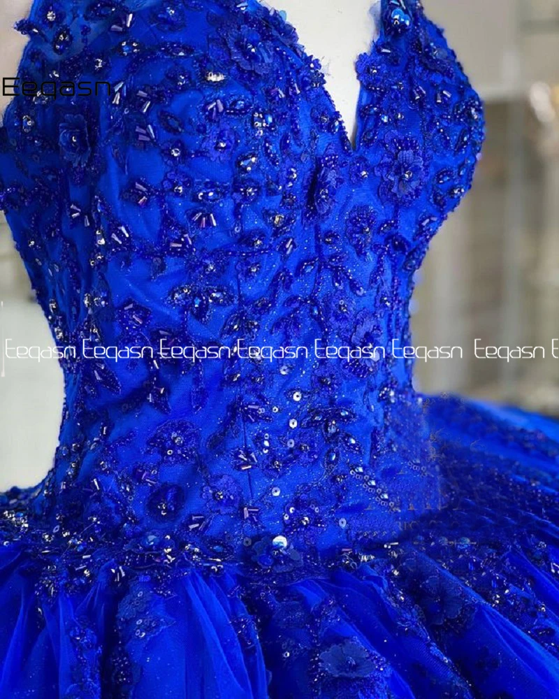 Vestido de baile feminino, vestido de baile de tule, cinta de espaguete azul royal, vestido de renda, vestidos Quinceanera, 16