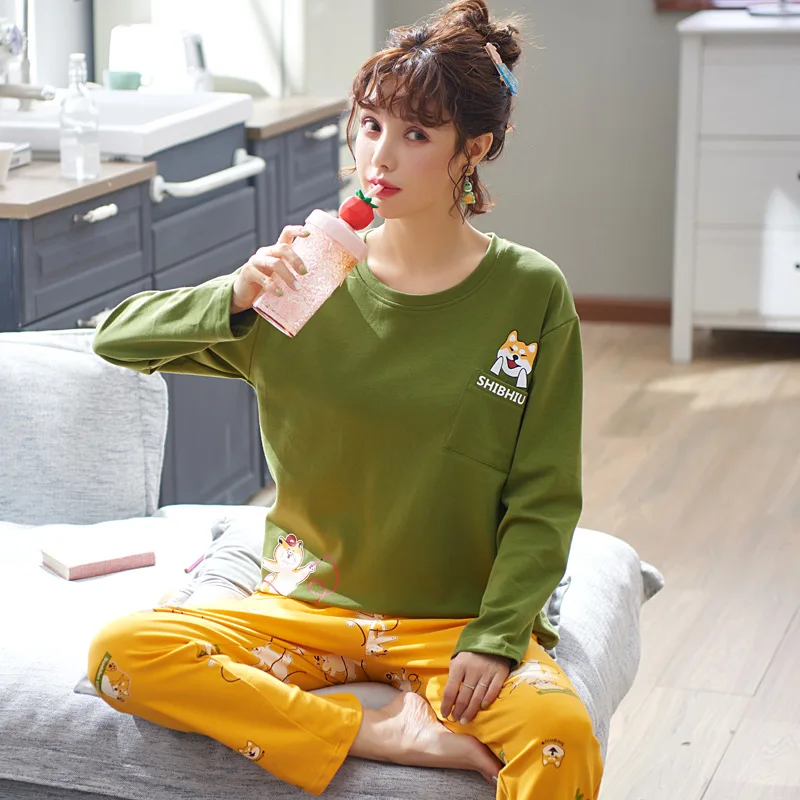 Foply Women Pajamas Set Long-sleeved 100% CottonTops with Long Trousers Cartoon Printed Home Pijama Mujer Female Pajama Set