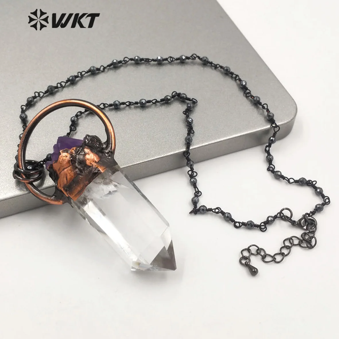 WT-N1263 WKT Fine Crystal Quartz&Pearl Stone Bohemian Stone With Antique Copper Plated Rosary Chain Necklace