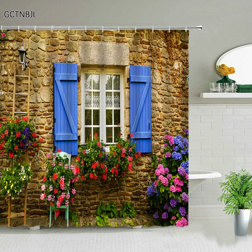 Street Building Scenery Shower Curtain Flower Plant Retro Old Door Summer Rural Landscape Bathroom Curtain Background Wall Decor