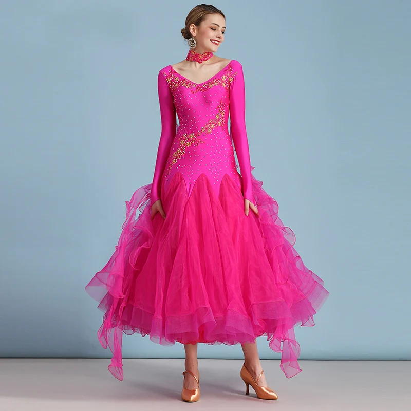

10 Color New Plus Women Ballroom Dance Dress Pink Long Sleeve Swing Skirt Professional Competition Modern Waltz Cha Cha Dress