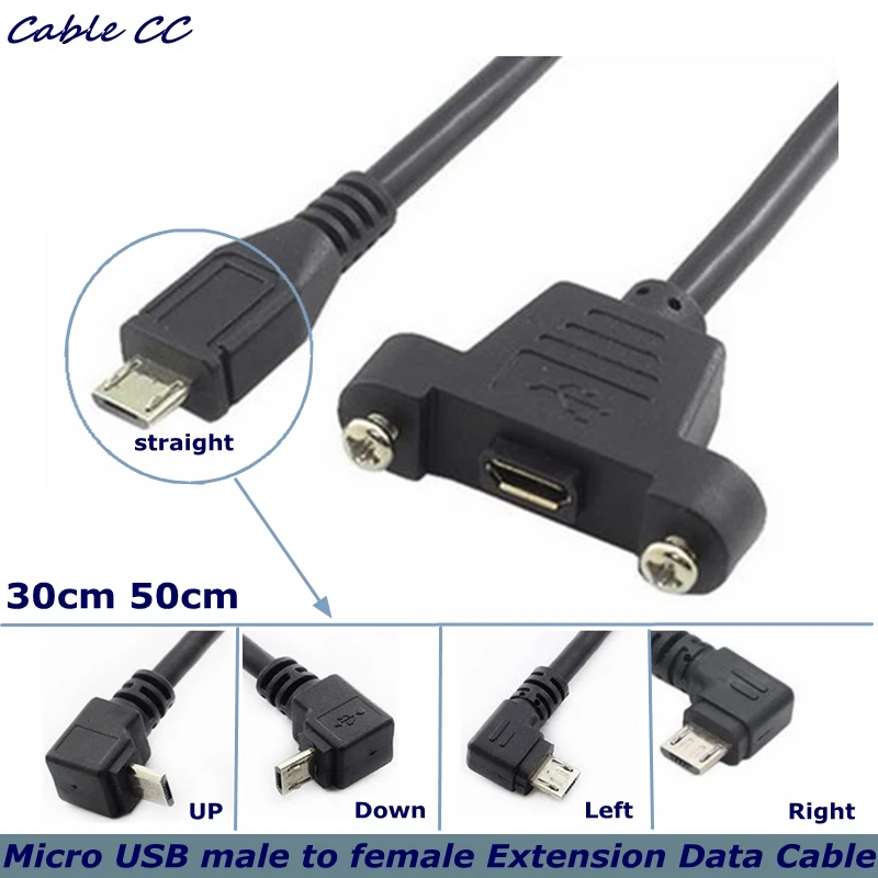 

160pcs/ 90 Degree Micro USB male to female Extension Data Cable Panel Mounting With Screws to Fix the Extension Cable 30cm 50cm