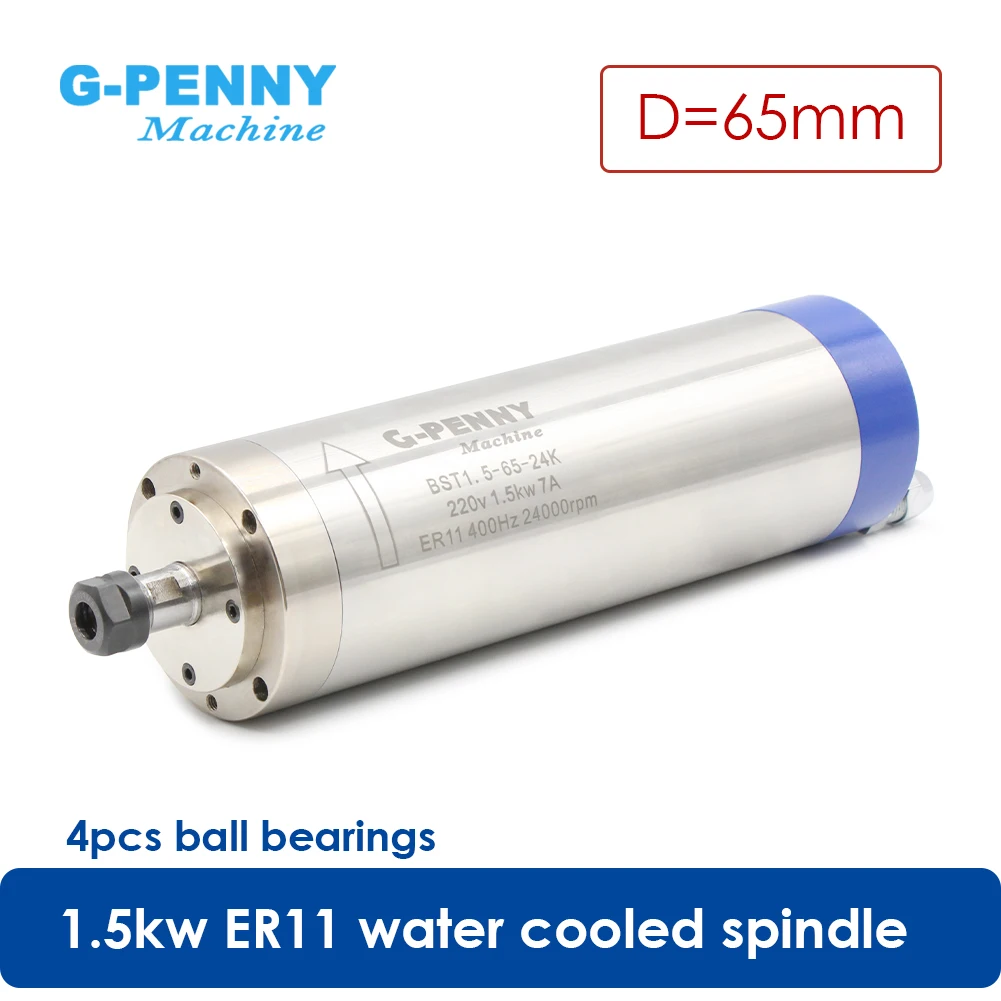 G-Penny D=65mm 1.5kw ER11 Water Cooled Spindle Motor 400Hz 24000rpm 4pcs Bearings Wood Aluminium Working Spindle For CNC Router