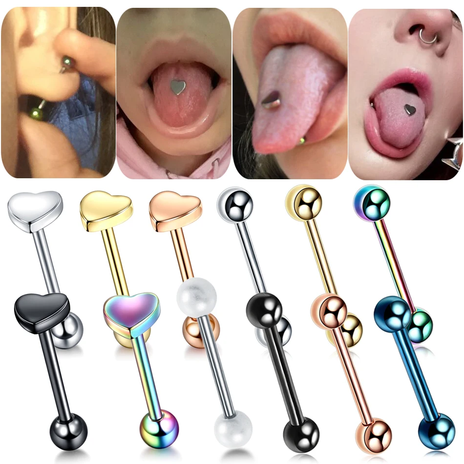 1PC Steel Heart&Ball Tongue Barbell Rings Langue Bar Tongue Piercing Sexy Nipple Ring Helix Earring Piercings Body Jewelry 14G