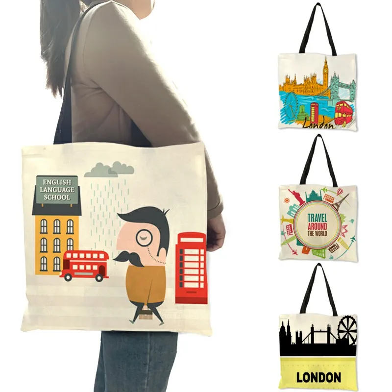 

Exclusive Design Linen Handbag Sac A Main London River Paris Landscape Printing Shoulder Bag Practical Tote Bags Bolsas Feminina