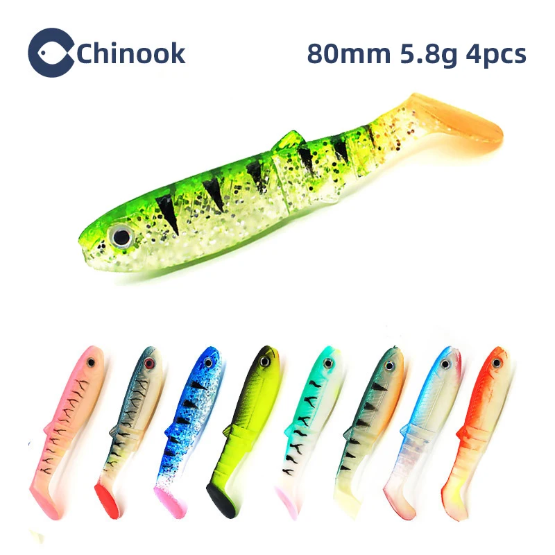 Chinook Soft Bait Lure 3D T-tail 75mm 4pcs Wobblers Silicone Fish Artificial Bait Fishing For Jig Head Texas Jigs Wacky Hooks