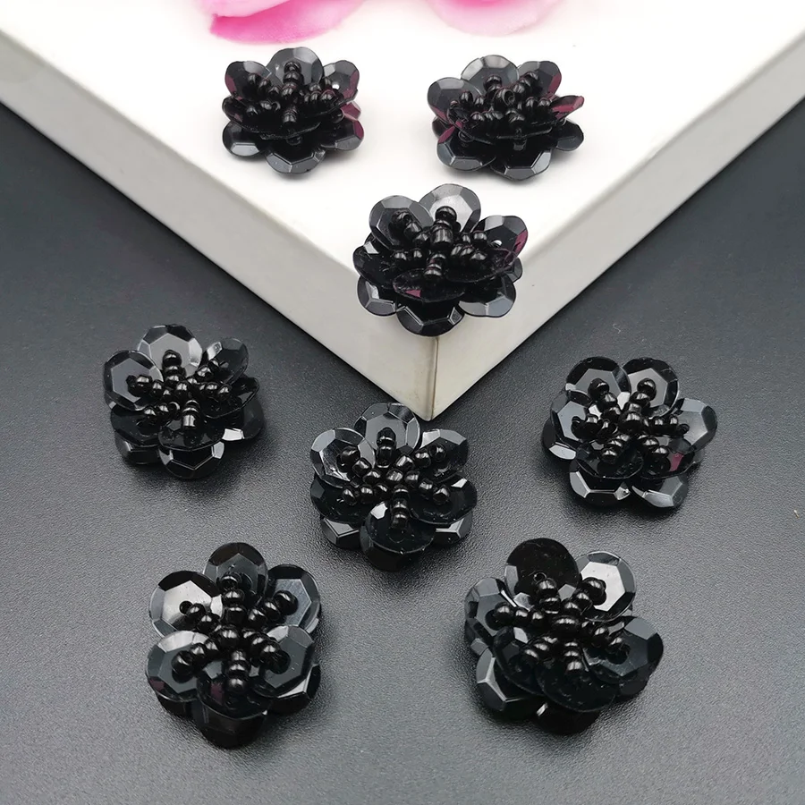 10 Pieces 3D Handmade Small Flower Sequin Appliques Diy Sewing On Patches For Clothing Beading Black White 2 3 4 CM 1 Inch Large