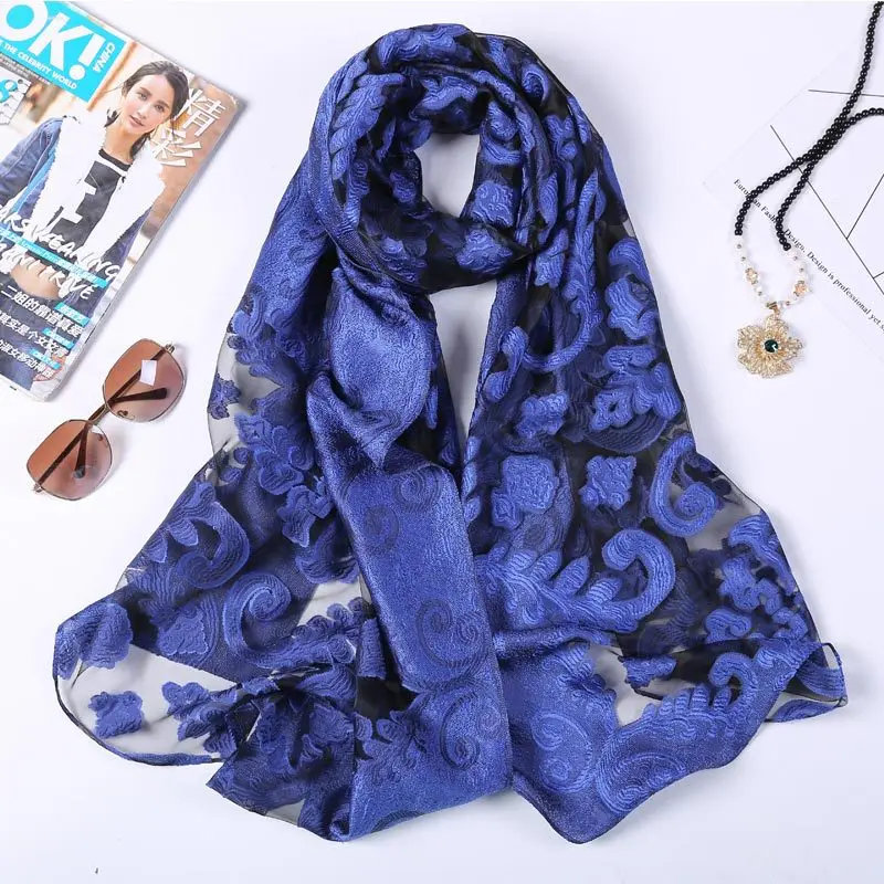 Hot Selling 180*70 Organza Silk Embroidery Floral Scarves Women Winter Shawls Hijab Lace Wrap Poncho For Euro USA