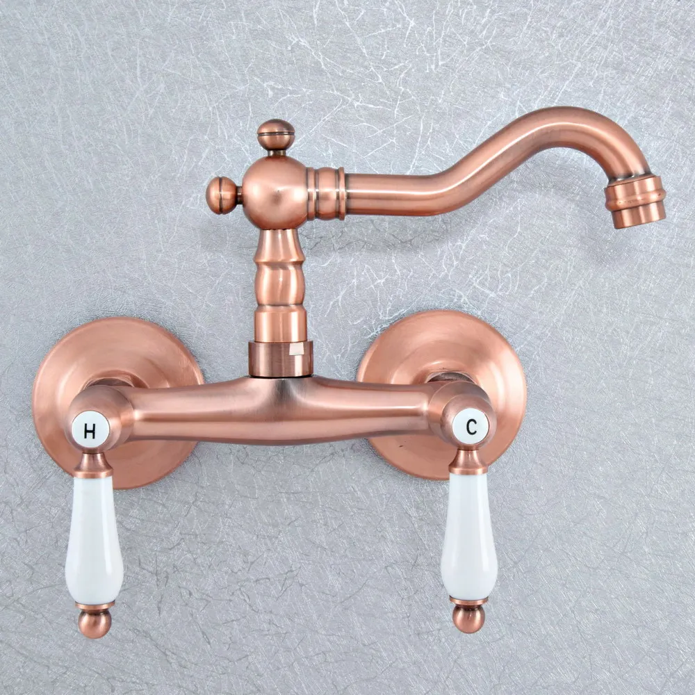 Antique Red Copper Brass Wall Mounted Kitchen Wet Bar Bathroom Sink Faucet Swivel Spout Mixer Tap Dual Ceramic Handles asf899