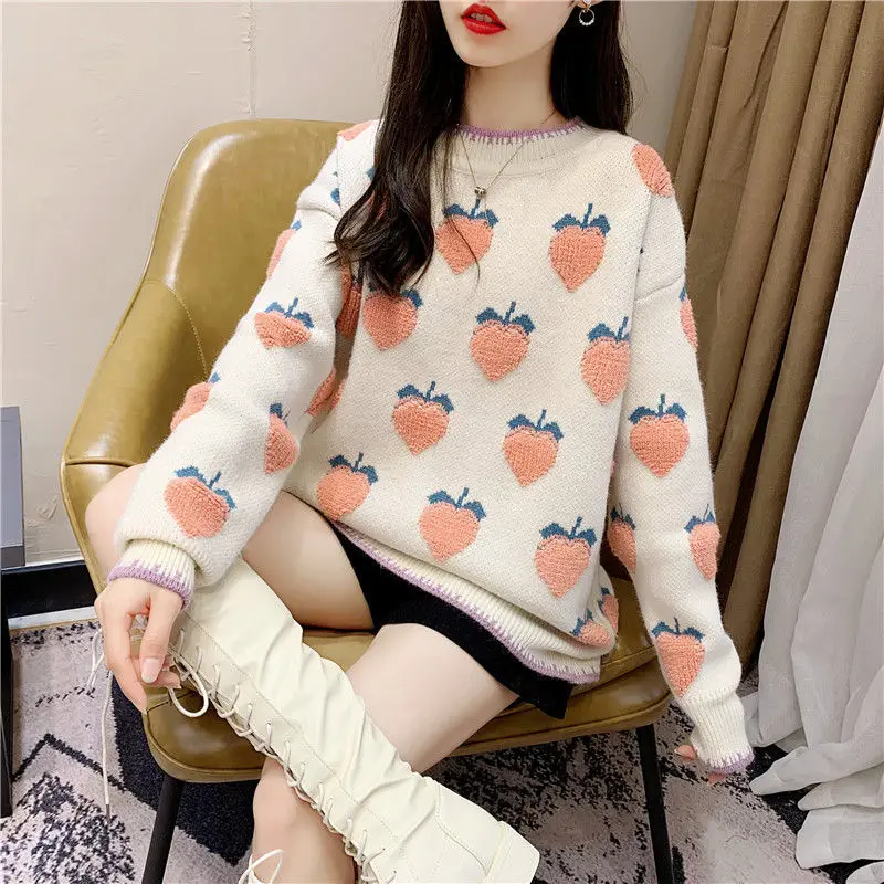 Sweet Cute Pink Cartoon Strawberry Peach Snowflake Knitted Sweater Women Loose Casual Pullover Sweater Winter Warm Woman Clothes