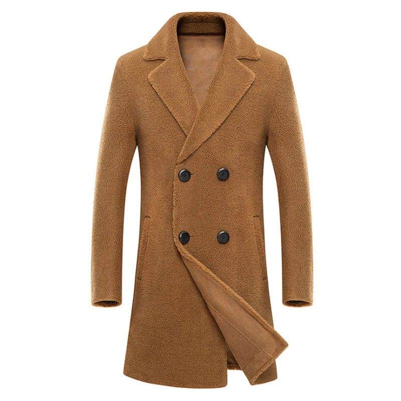 Winter Wool Pea coat Men Fleece Long Trench Coat Double Breasted Fur Men Overcoat Fashion Suede Jackets