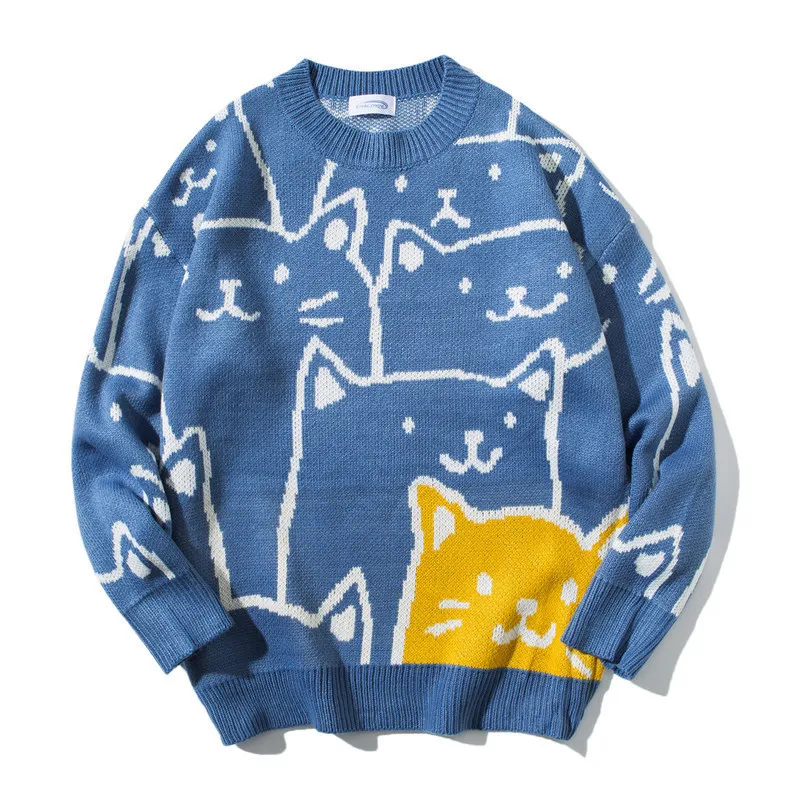 Cute Cartoon Cat Sweater for Women O-neck Knitted Men\'s Autumn Winter New Loose Fit Couple Pullovers Lady Knit Coat