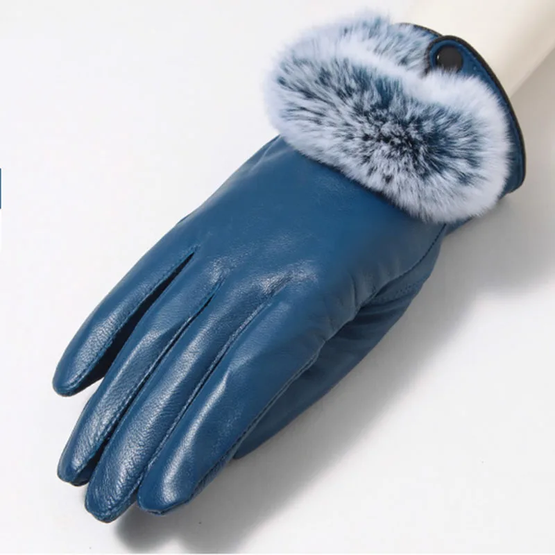 Guantes de piel auténtica para mujer, manoplas cálidas de piel de conejo Rex, para invierno, 2024